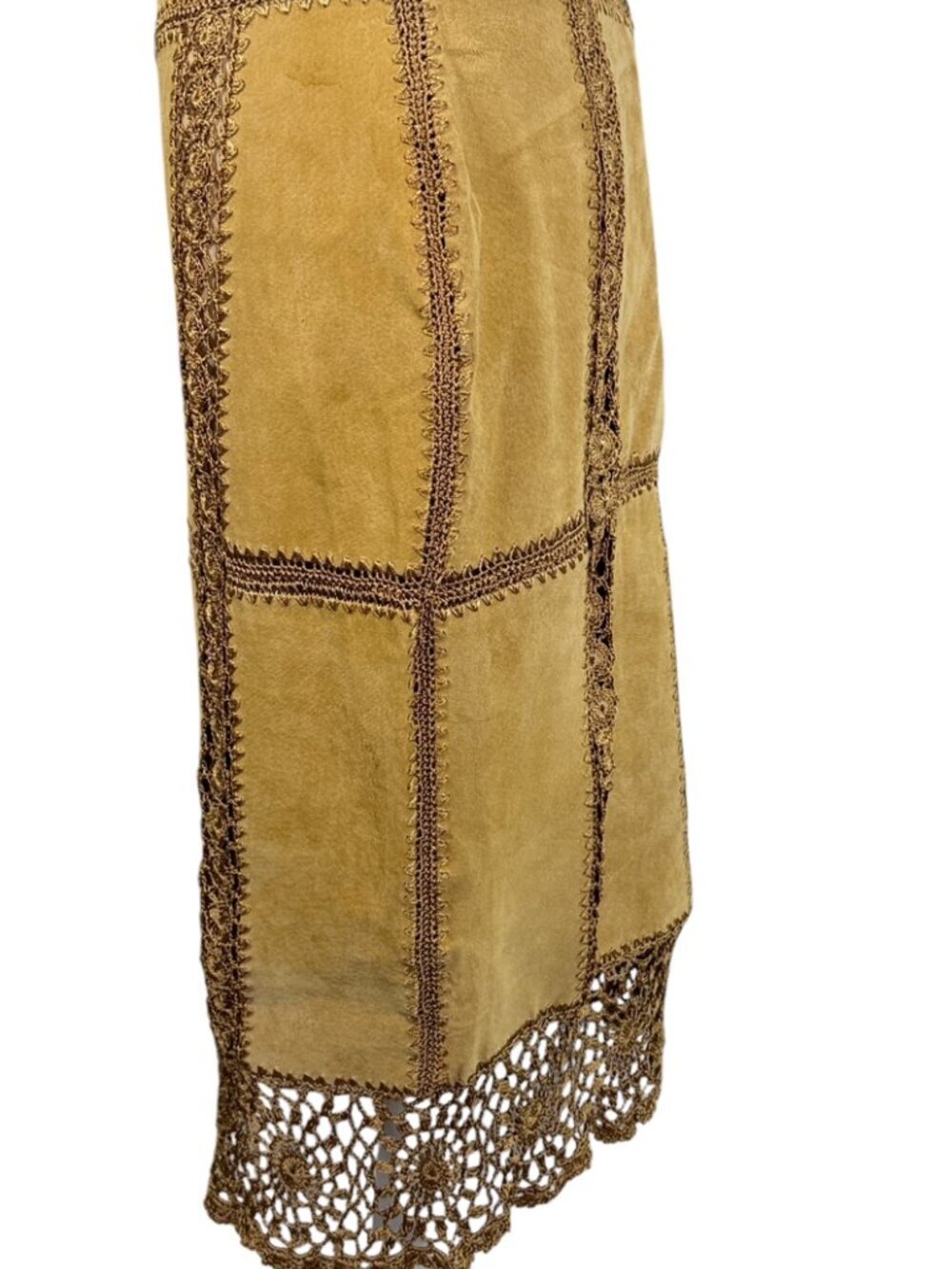 Vintage IDI by Matthew Camel Leather Crochet Trim Midi Pencil Skirt | Size L - Picture 3 of 10